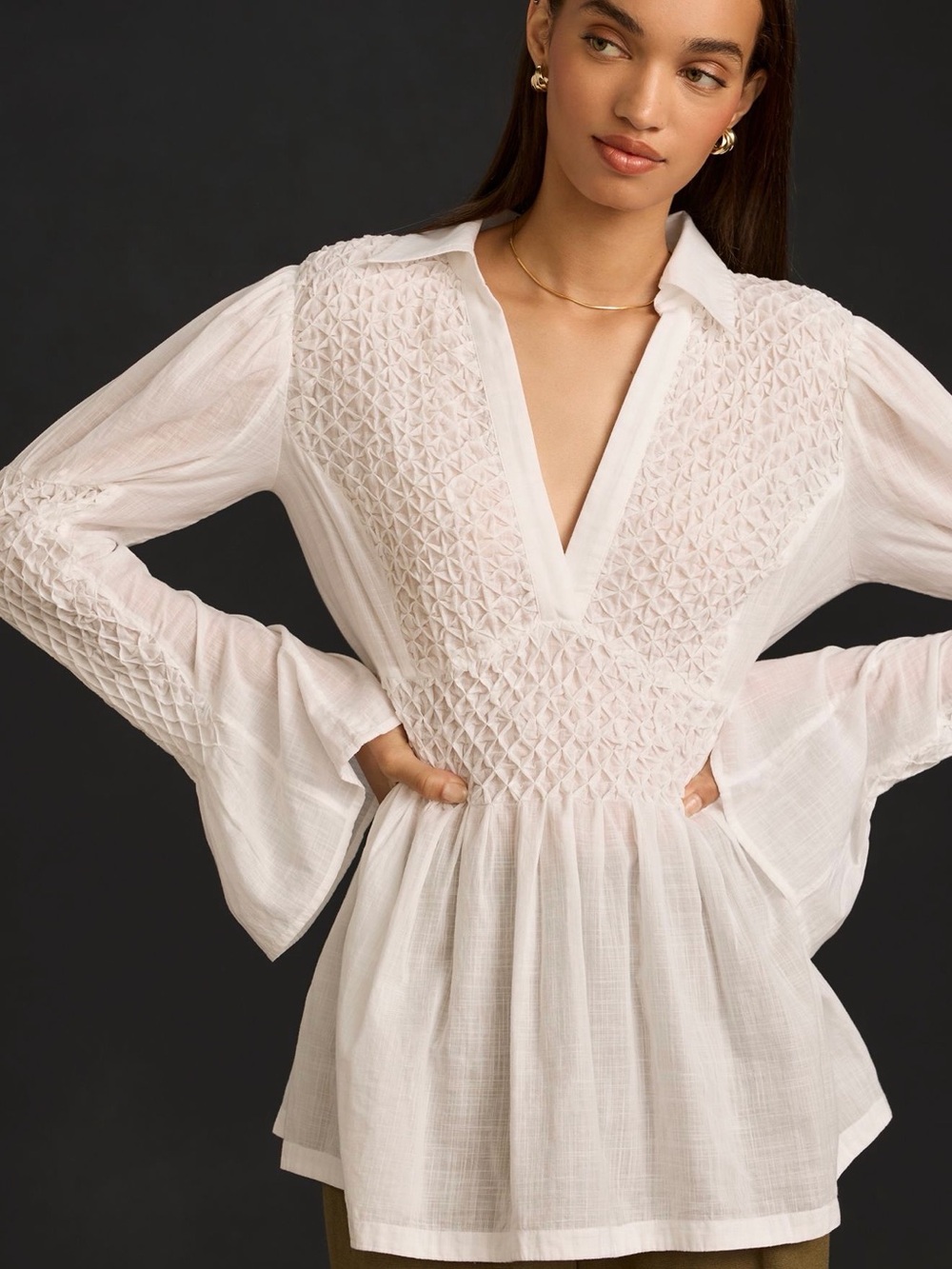 NWT Anthropologie Smocked Bodice White V-Neck Peasant Blouse